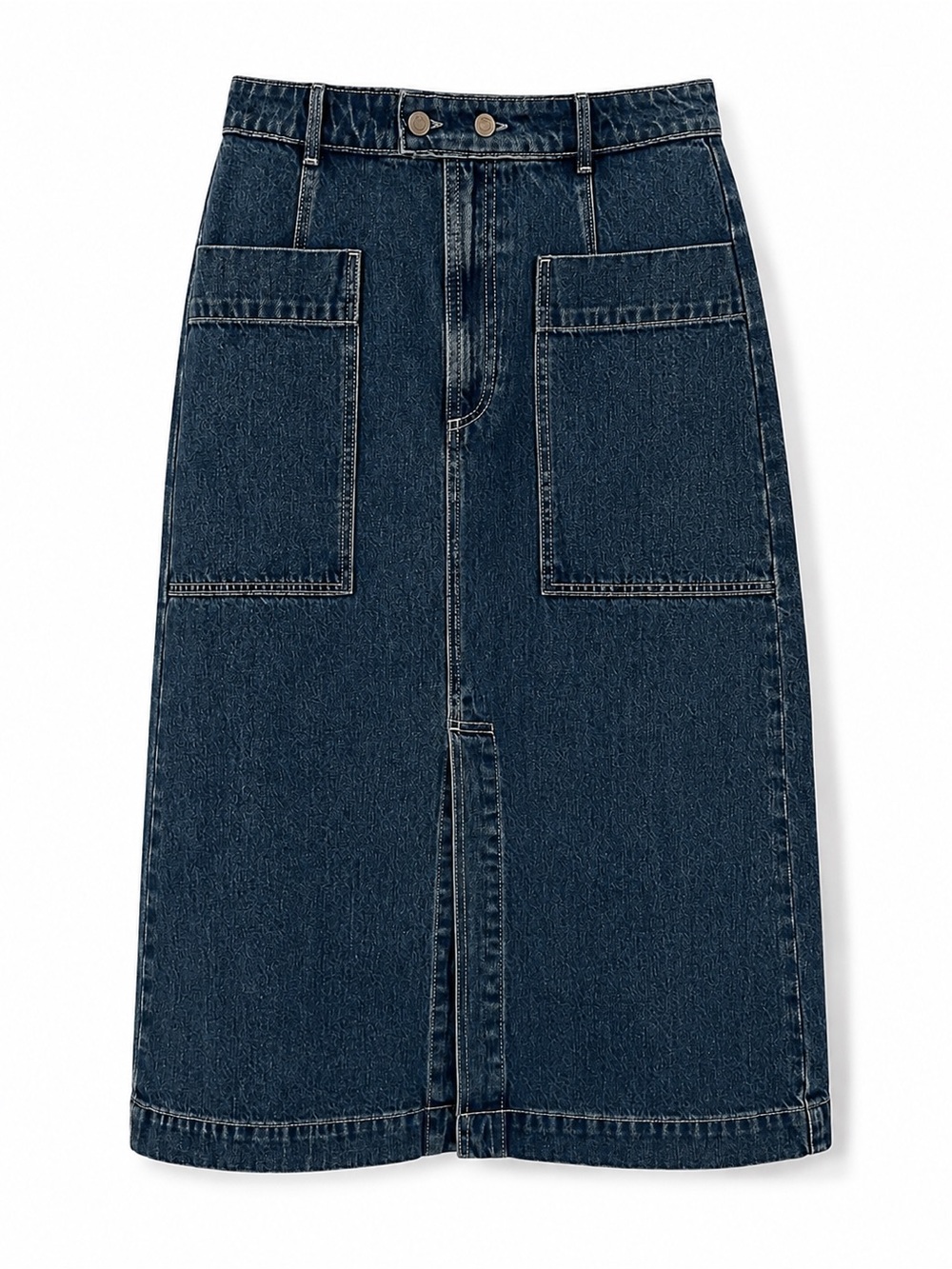 GAP Blue Denim Midi Skirt Front Pockets Size 8 pure cotton